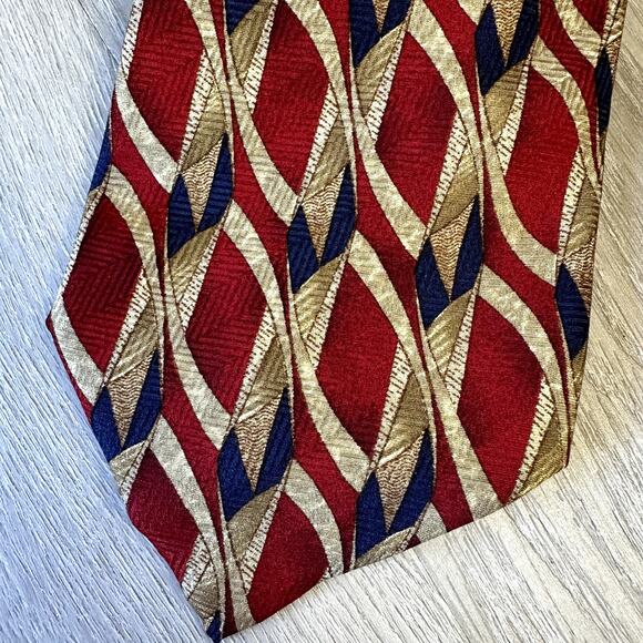Hickey Freeman Collection Silk Tie Burgundy Red Navy Blue Beige Gold Geometric - Picture 2 of 5
